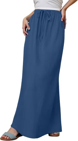 Linen Maxi Skirts for Women Trendy Summer 2025 Drawstring Waist A Line Skirts Cute Vacation Boho Long Flowy Skirts