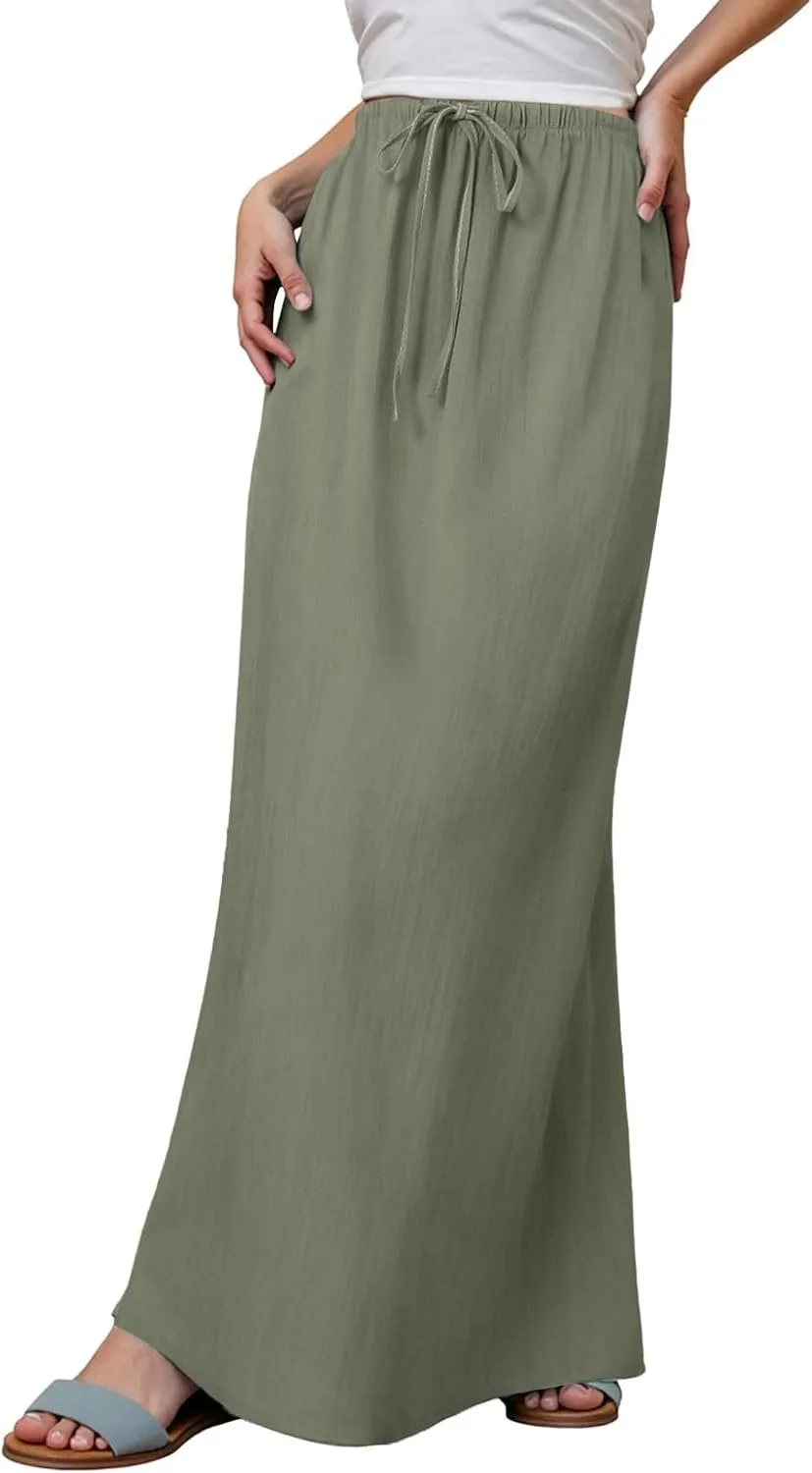 Linen Maxi Skirts for Women Trendy Summer 2025 Drawstring Waist A Line Skirts Cute Vacation Boho Long Flowy Skirts