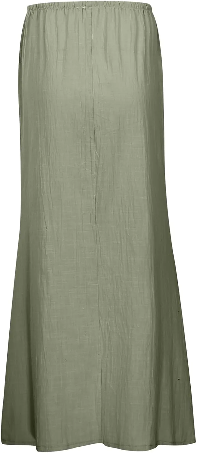 Linen Maxi Skirts for Women Trendy Summer 2025 Drawstring Waist A Line Skirts Cute Vacation Boho Long Flowy Skirts