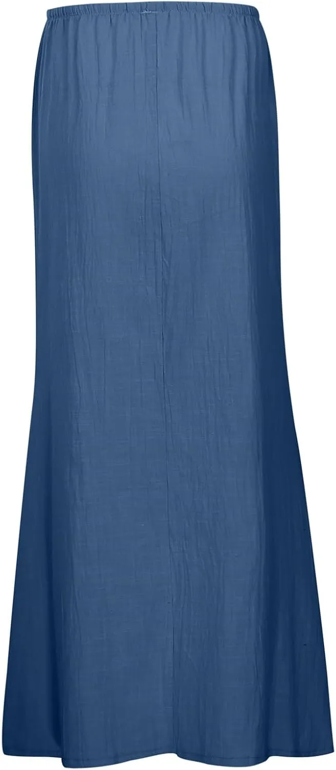 Linen Maxi Skirts for Women Trendy Summer 2025 Drawstring Waist A Line Skirts Cute Vacation Boho Long Flowy Skirts