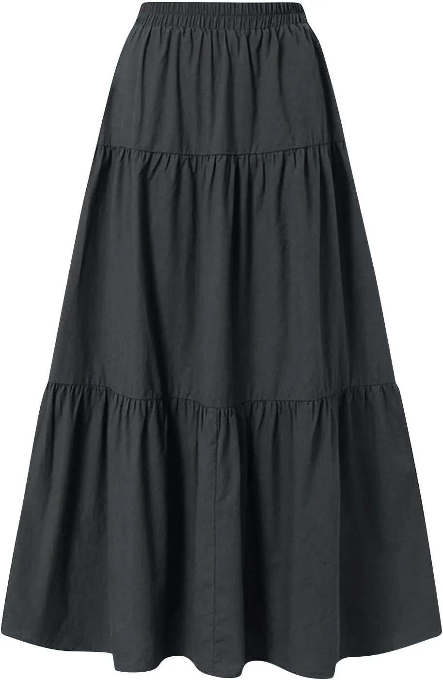 Linen Midi Skirts for Women Summer Boho Flowy Swing Tiered Long Maxi Skirt Elastic Drawstring Pleated Beach Skirt