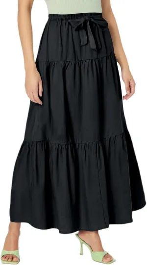 Linen Midi Skirts for Women Summer Boho Flowy Swing Tiered Long Maxi Skirt Elastic Drawstring Pleated Beach Skirt