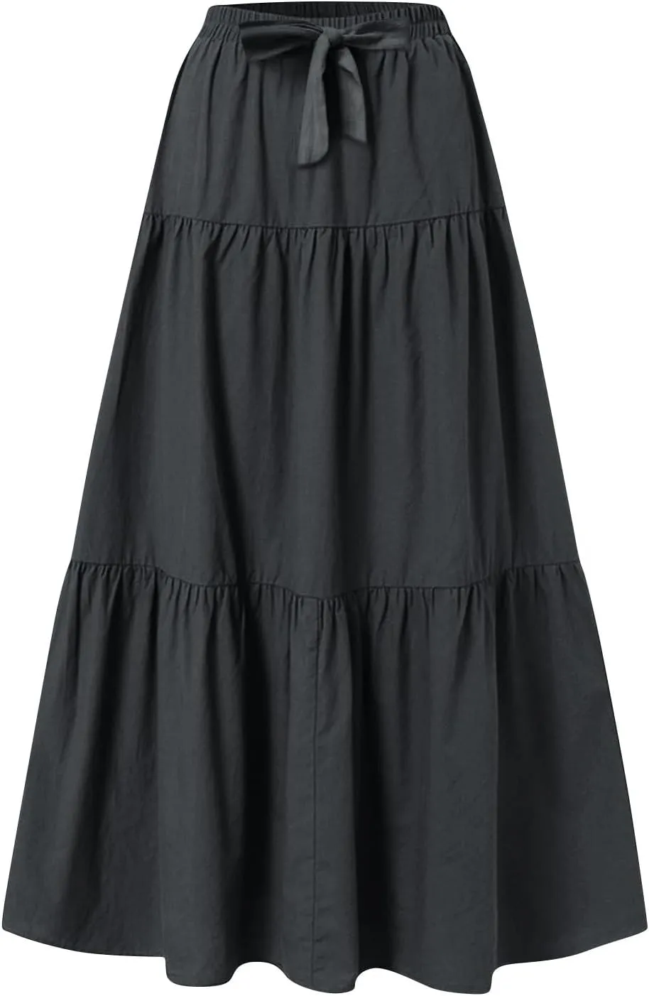 Linen Midi Skirts for Women Summer Boho Flowy Swing Tiered Long Maxi Skirt Elastic Drawstring Pleated Beach Skirt