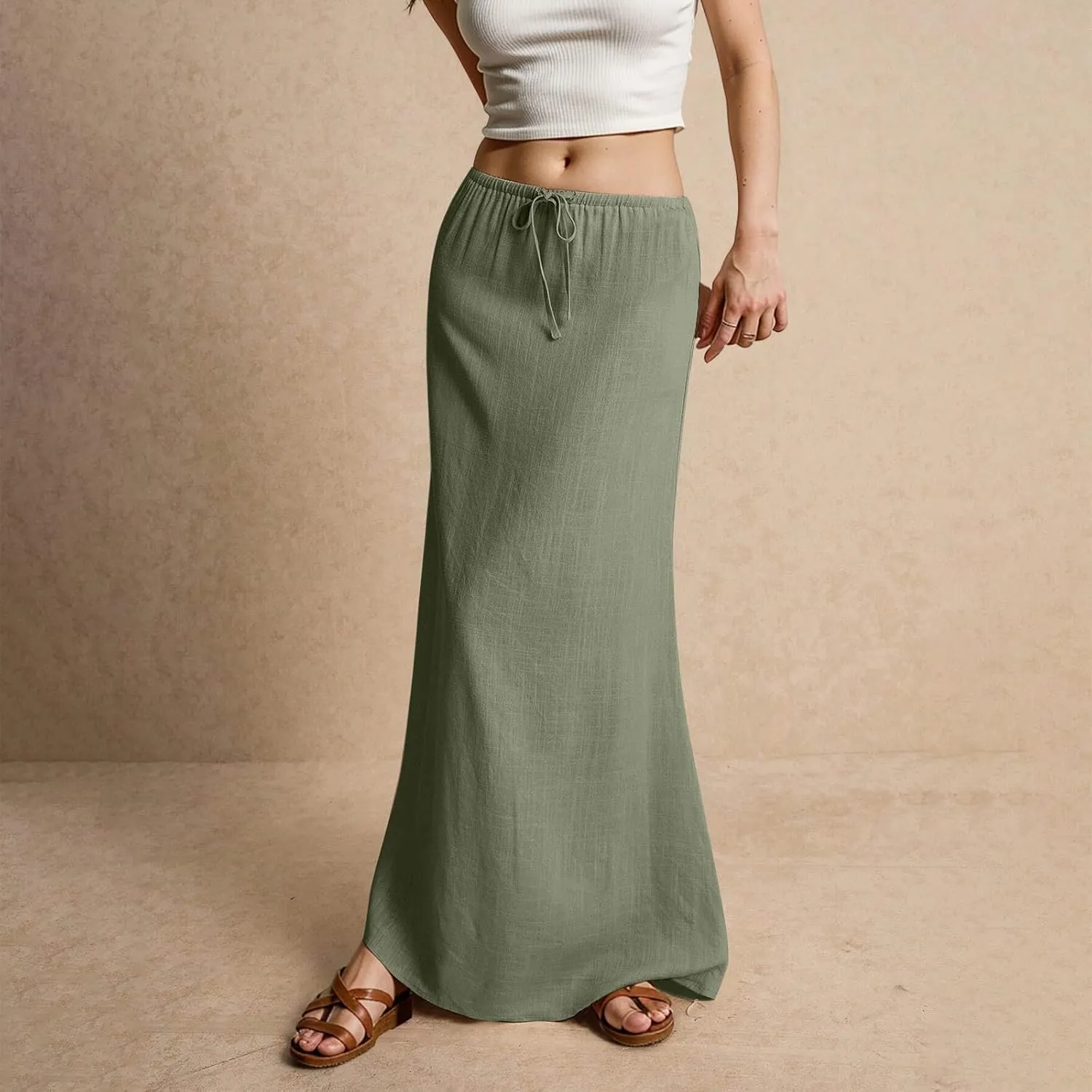 Linen Skirts for Women Summer Casual Flowy Boho Flared Stretchy High Waisted Drawstring Beach A Line Maxi Skirts