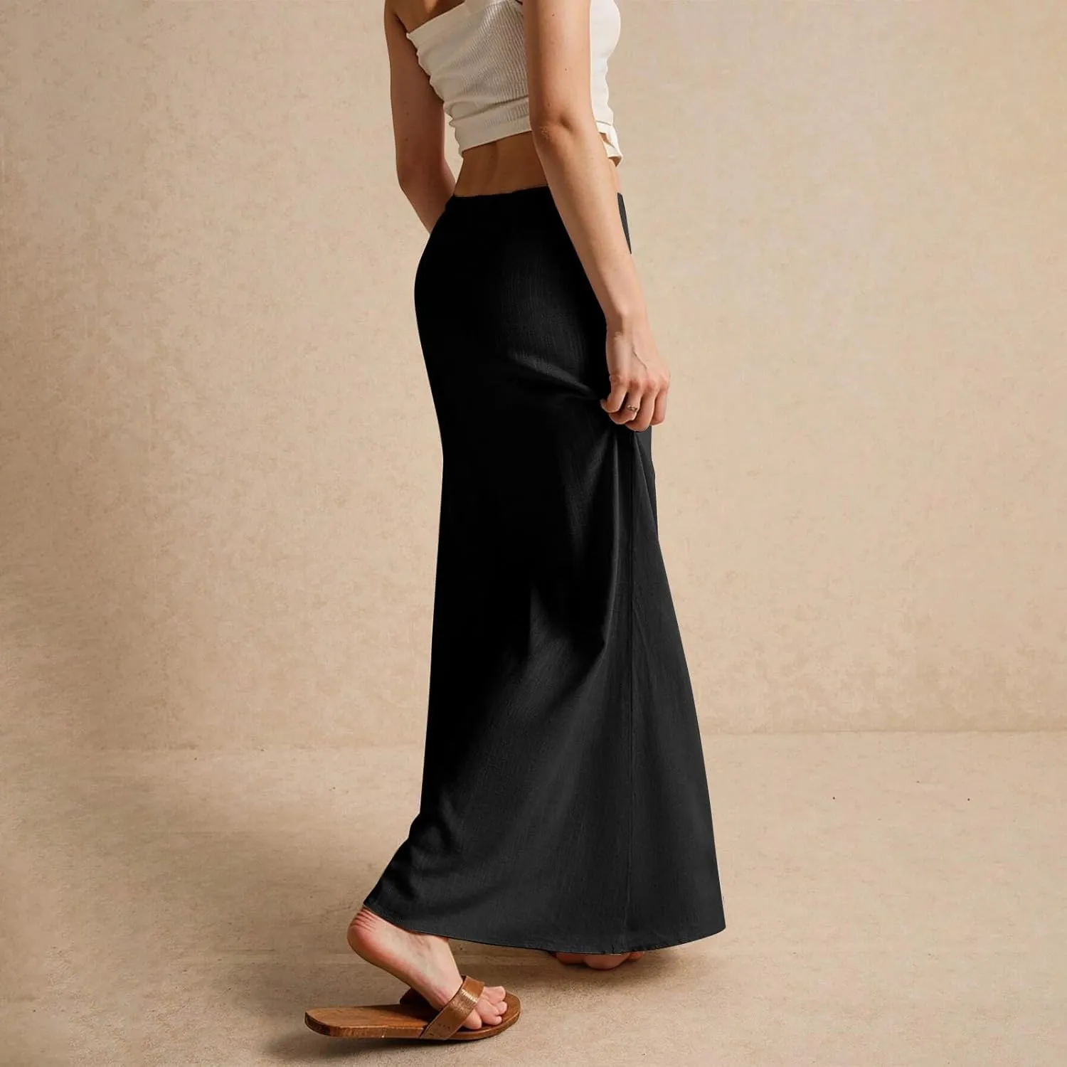 Linen Skirts for Women Summer Casual Flowy Boho Flared Stretchy High Waisted Drawstring Beach A Line Maxi Skirts