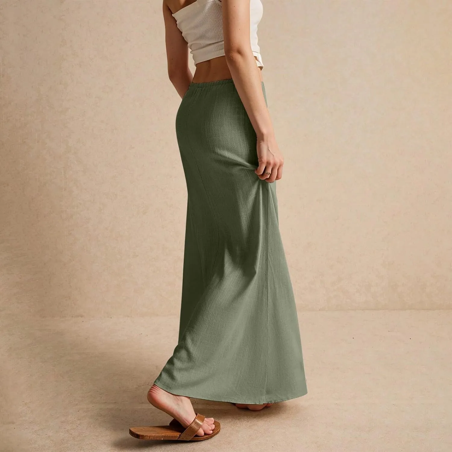 Linen Skirts for Women Summer Casual Flowy Boho Flared Stretchy High Waisted Drawstring Beach A Line Maxi Skirts
