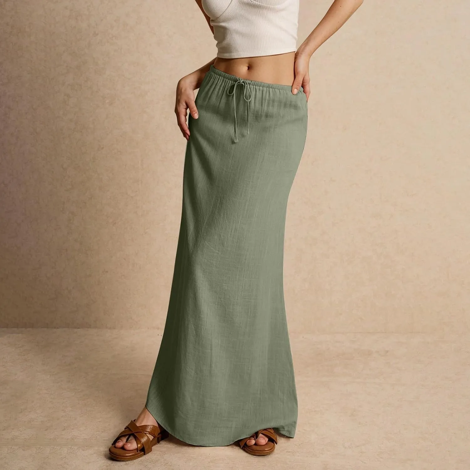 Linen Skirts for Women Summer Casual Flowy Boho Flared Stretchy High Waisted Drawstring Beach A Line Maxi Skirts