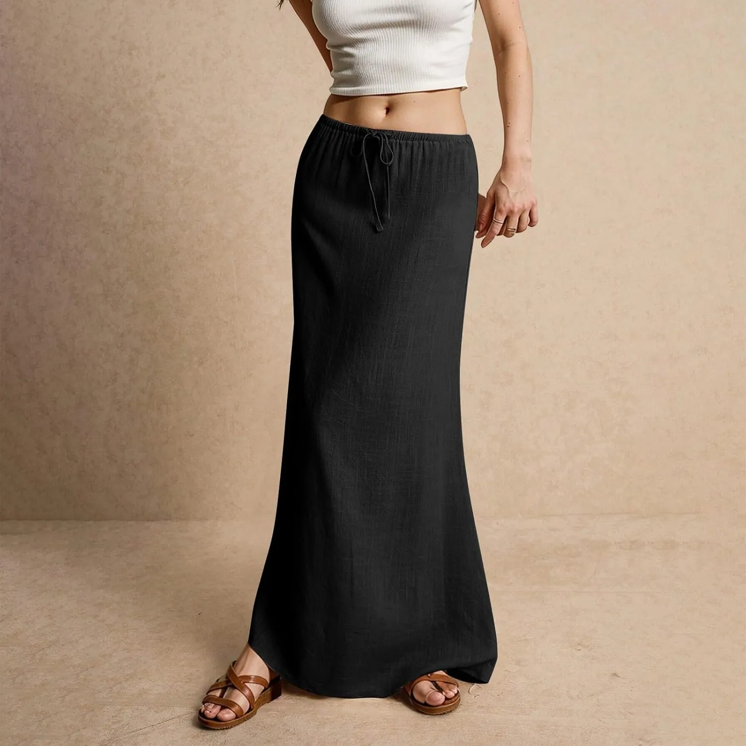 Linen Skirts for Women Summer Casual Flowy Boho Flared Stretchy High Waisted Drawstring Beach A Line Maxi Skirts