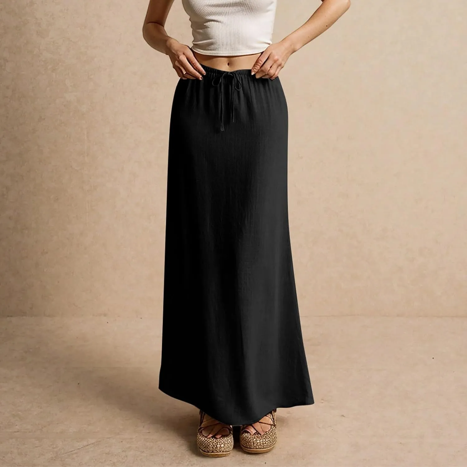 Linen Skirts for Women Summer Casual Flowy Boho Flared Stretchy High Waisted Drawstring Beach A Line Maxi Skirts