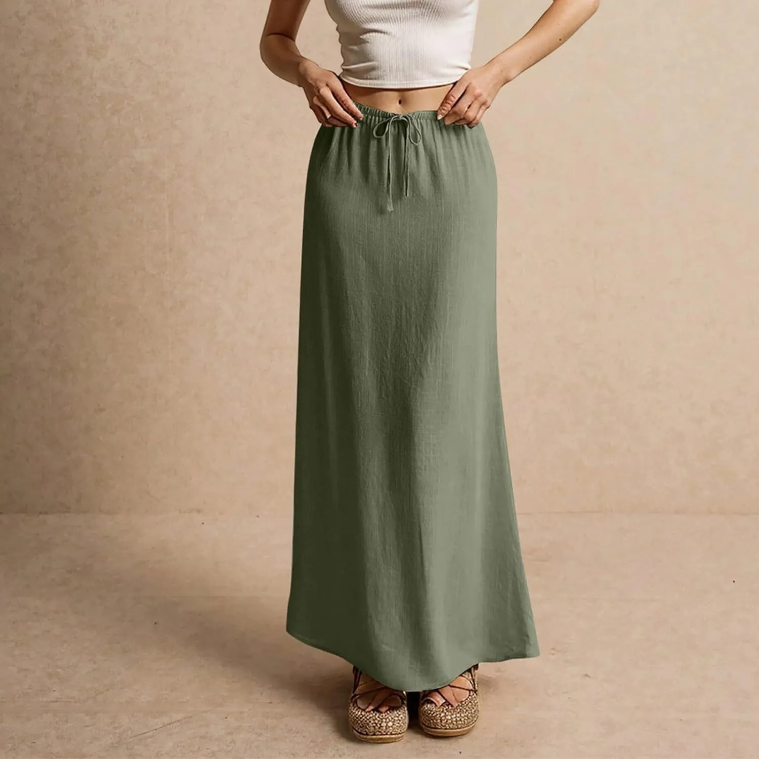 Linen Skirts for Women Summer Casual Flowy Boho Flared Stretchy High Waisted Drawstring Beach A Line Maxi Skirts
