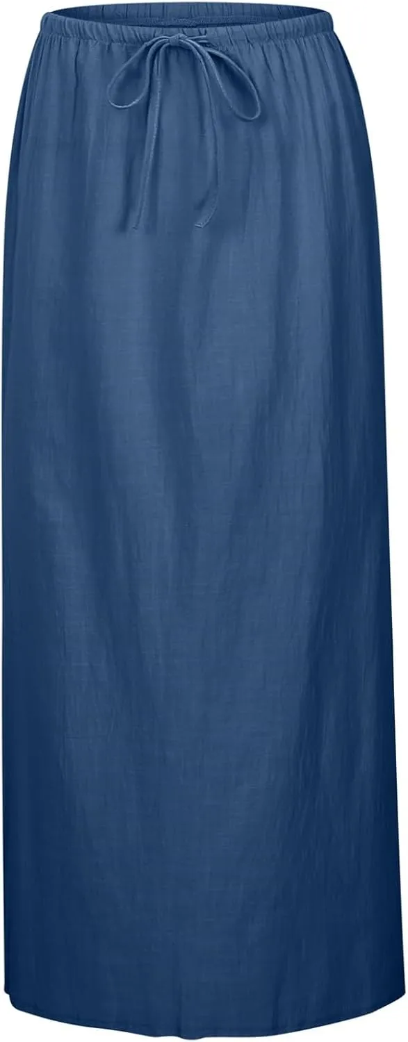 Linen Skirts for Women Summer Drawstring Waist A Line Skirt Cute Vacation Boho Long Flowy Skirts
