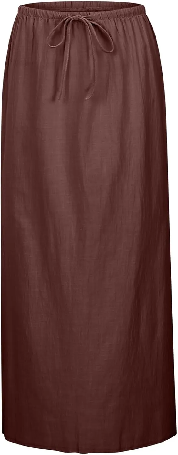 Linen Skirts for Women Summer Drawstring Waist A Line Skirt Cute Vacation Boho Long Flowy Skirts