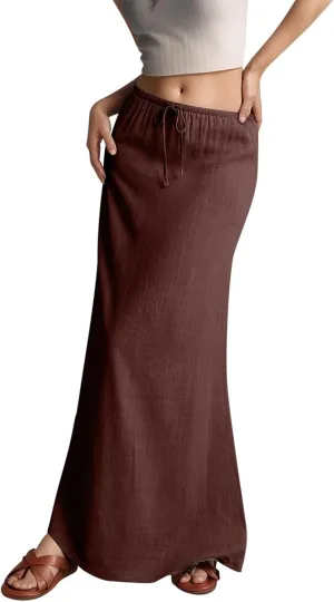 Linen Skirts for Women Trendy Drawstring Low Rise Ankle-Length Casual Skirts Summer Vacation Flowy Long Beach Skirt