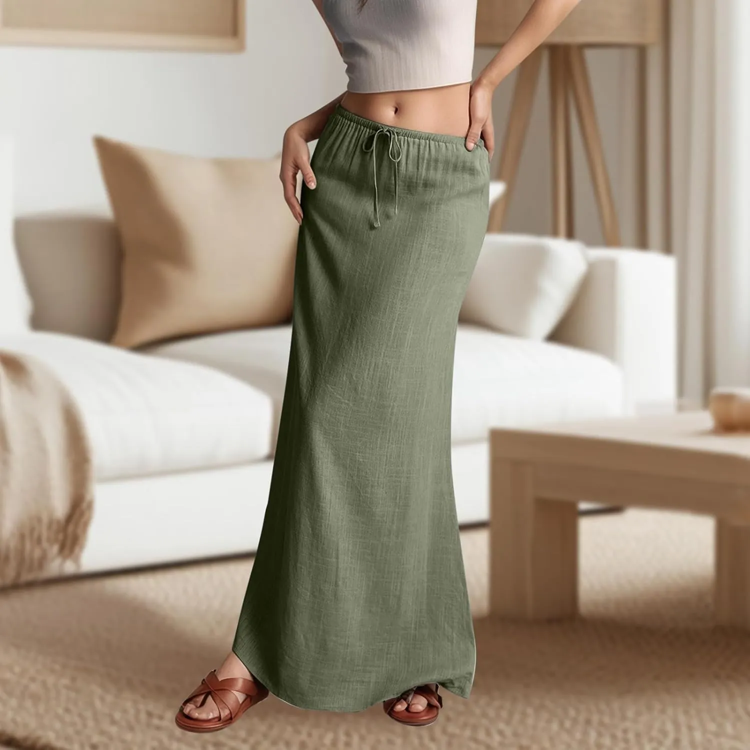 Linen Skirts for Women Trendy Drawstring Low Rise Ankle-Length Casual Skirts Summer Vacation Flowy Long Beach Skirt