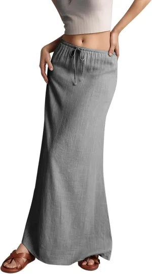 Linen Skirts for Women Trendy Drawstring Low Rise Ankle-Length Casual Skirts Summer Vacation Flowy Long Beach Skirt