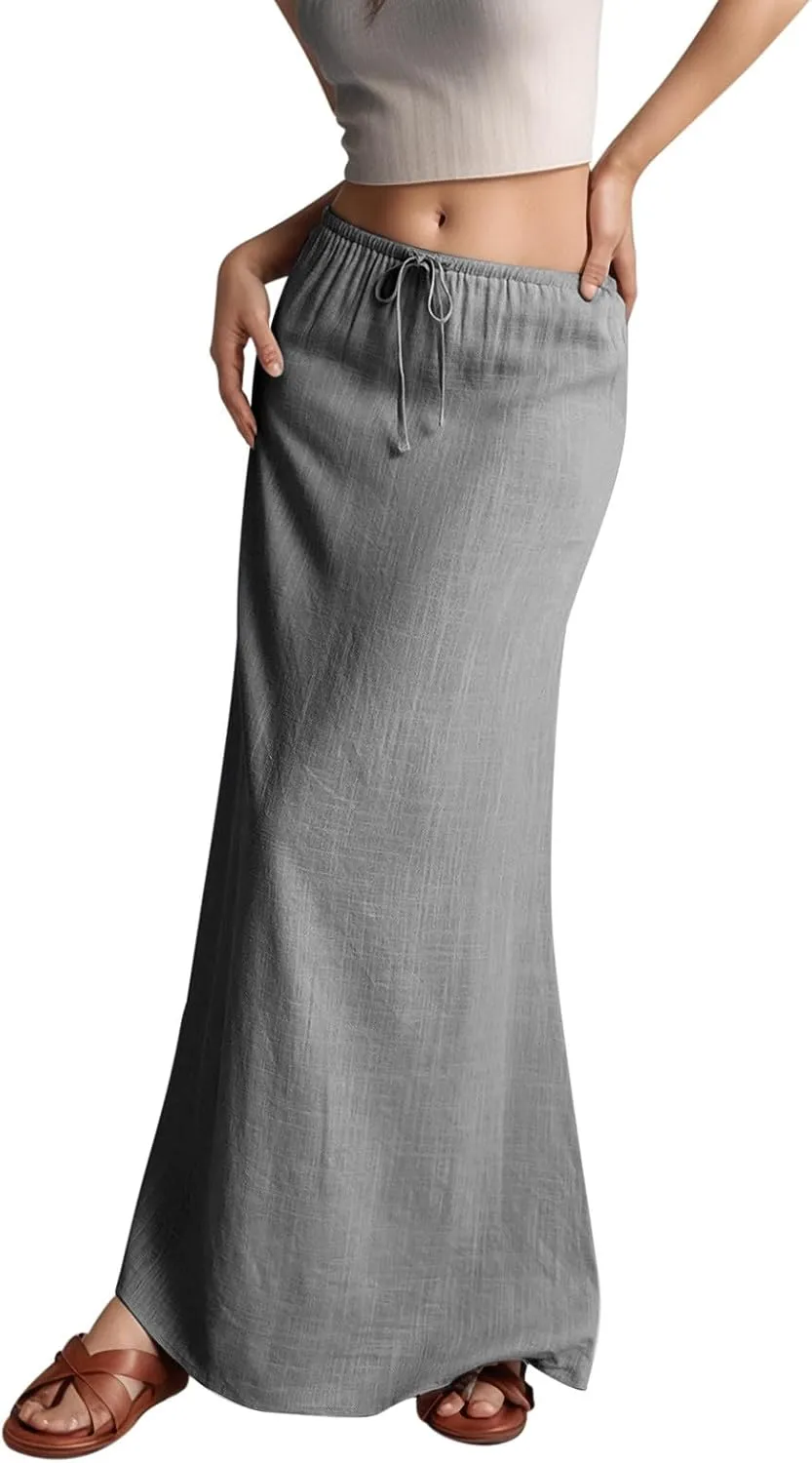 Linen Skirts for Women Trendy Drawstring Low Rise Ankle-Length Casual Skirts Summer Vacation Flowy Long Beach Skirt