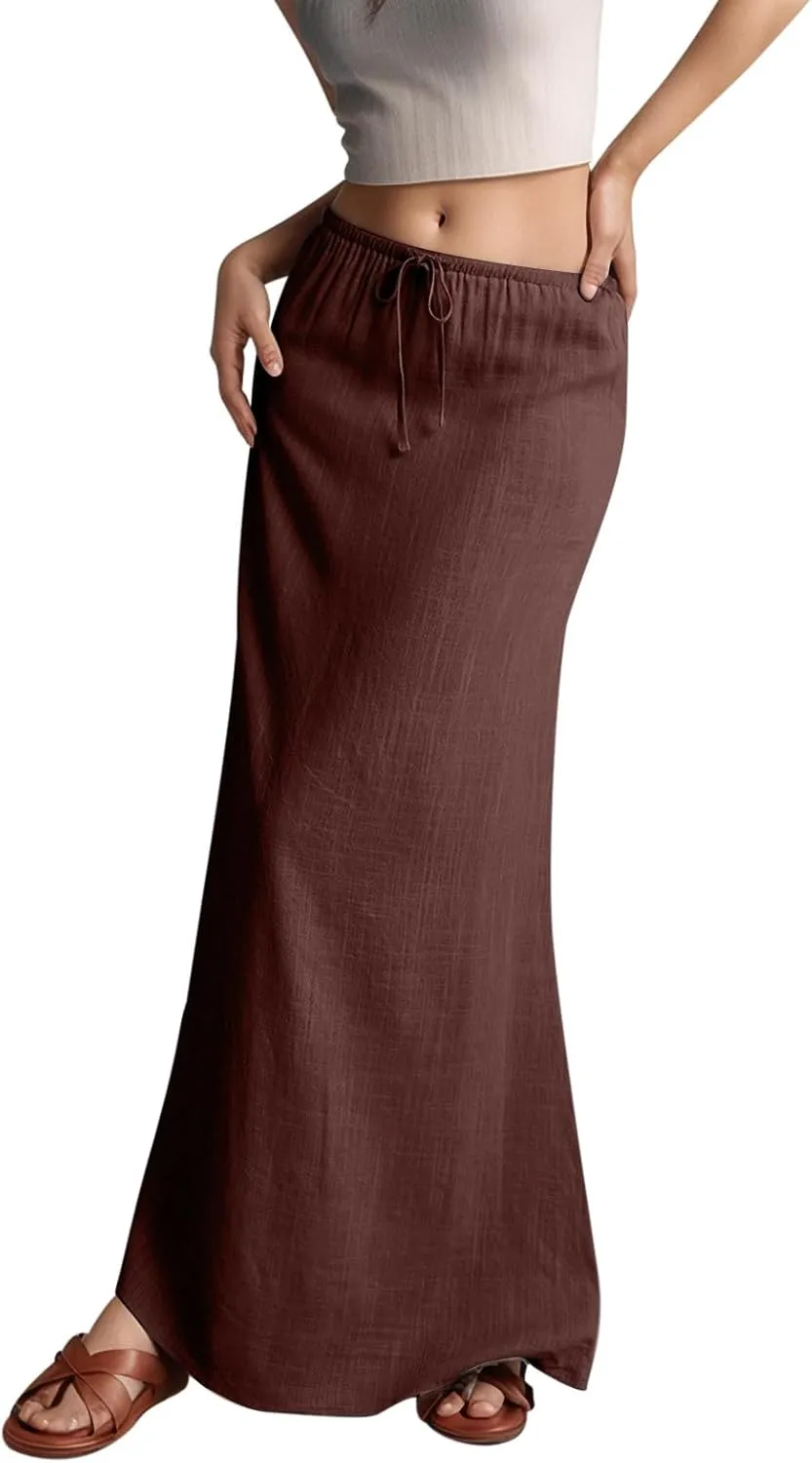 Linen Skirts for Women Trendy Drawstring Low Rise Ankle-Length Casual Skirts Summer Vacation Flowy Long Beach Skirt