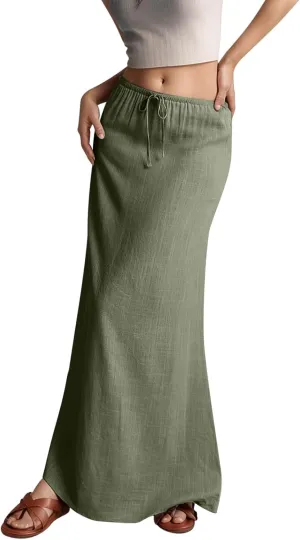 Linen Skirts for Women Trendy Drawstring Low Rise Ankle-Length Casual Skirts Summer Vacation Flowy Long Beach Skirt