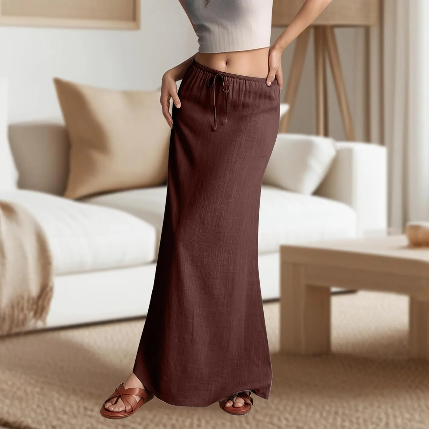 Linen Skirts for Women Trendy Drawstring Low Rise Ankle-Length Casual Skirts Summer Vacation Flowy Long Beach Skirt