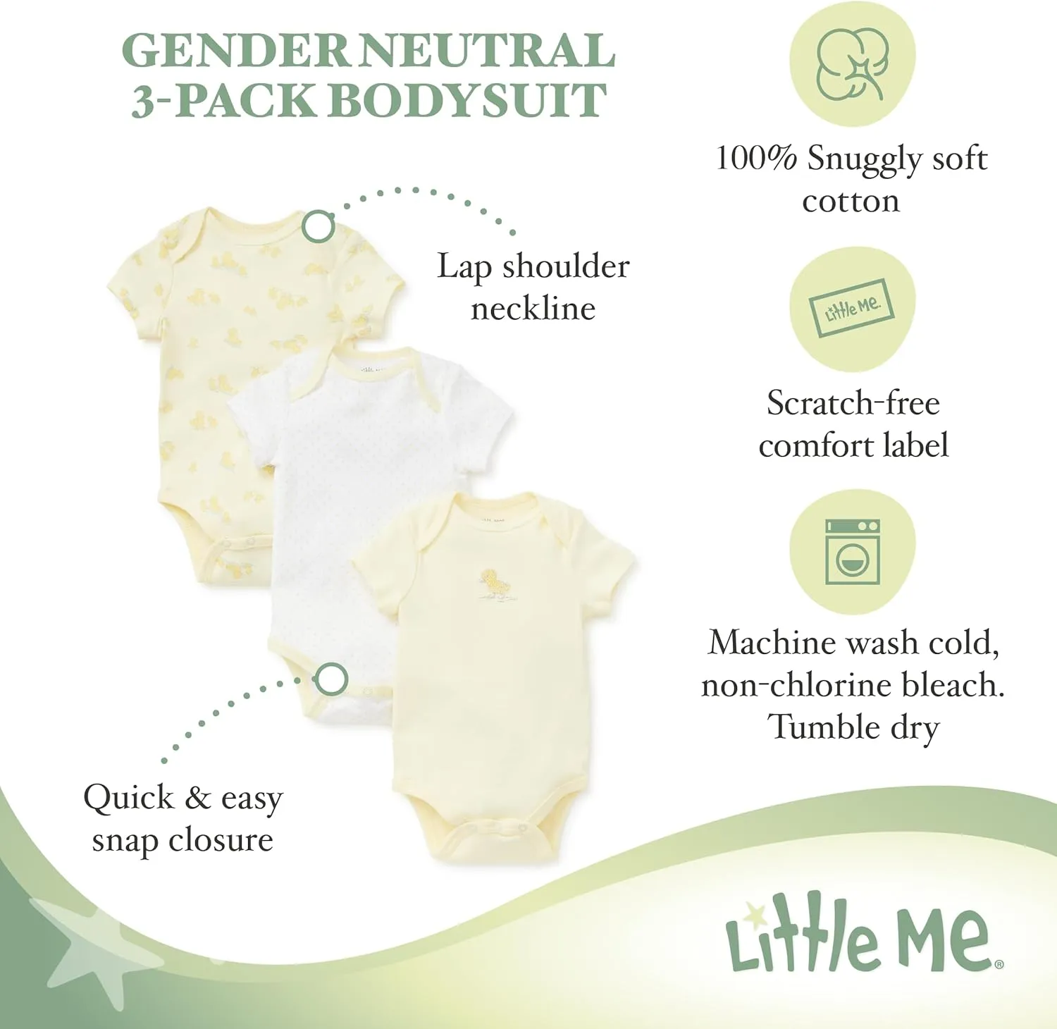 Little Me Baby Gender Neutral 3-Pack 100% Cotton Scratch Free Tag Bodysuits