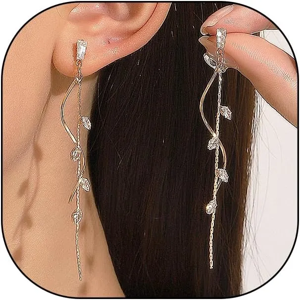 Long Crystal Tassel Drop Dangle Earrings for Women Sparkly Zirconia Spiral Dangling Earrings Gold Threader Earrings Wedding Jewelry Gifts