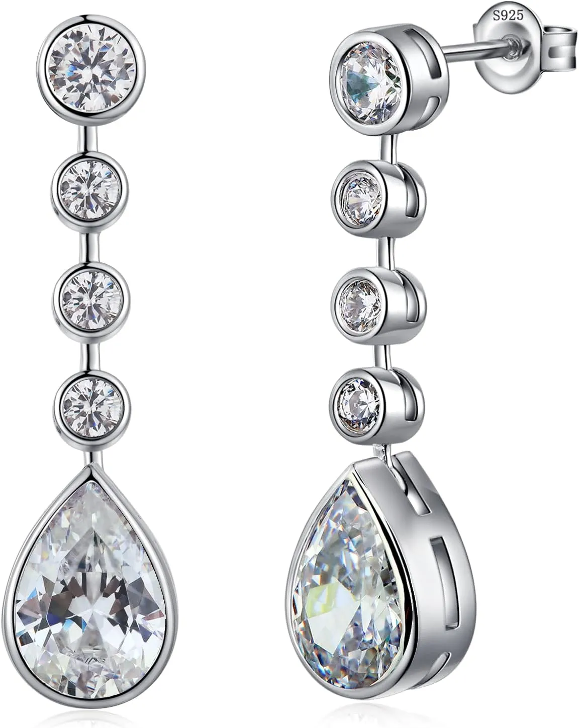 Long Dangle Drop Earrings for Women, 18K White Gold Plated Water Drop CZ Stud Earrings 925 Sterling Silver Cubic Zirconia Bezel Dangling Drop Earrings for Women