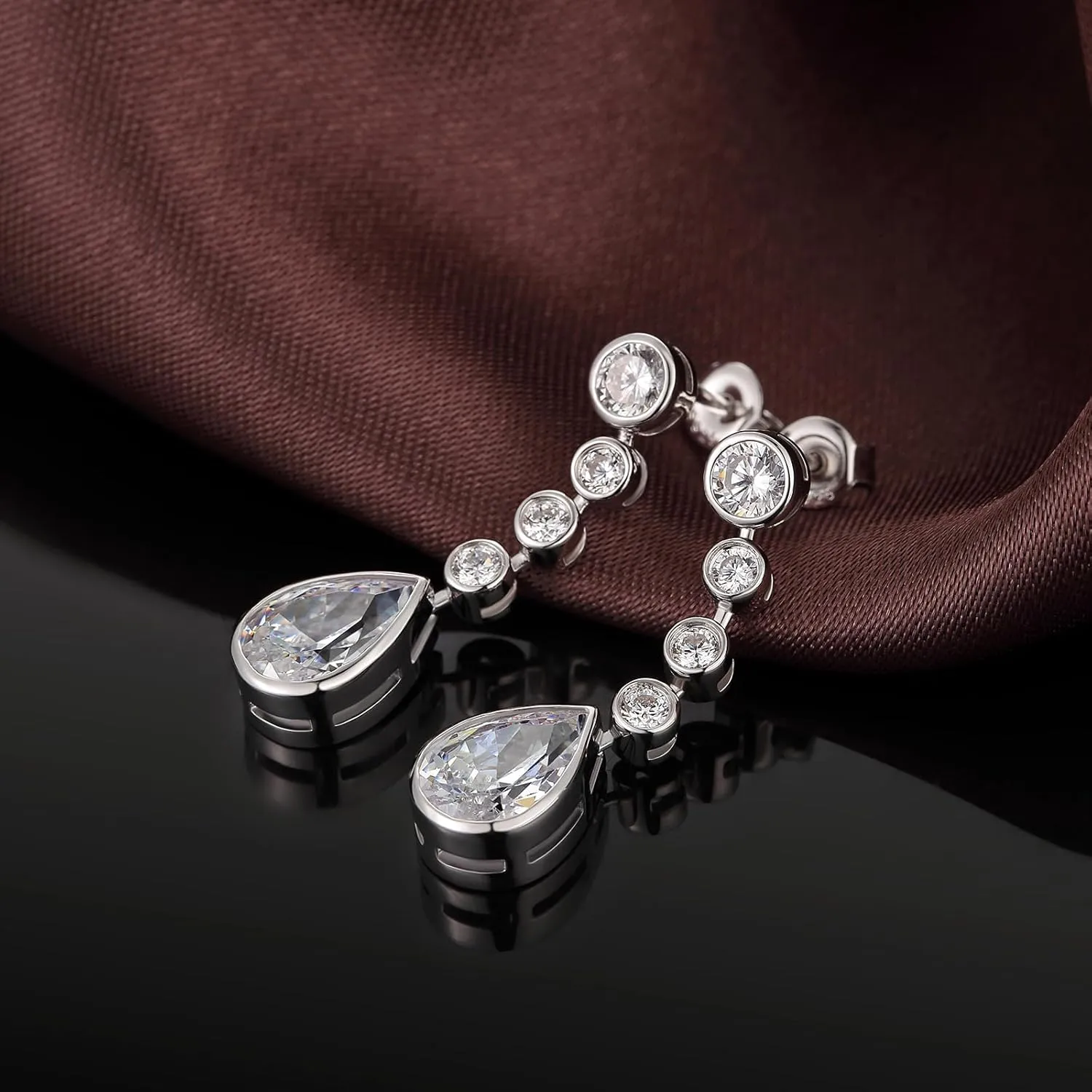 Long Dangle Drop Earrings for Women, 18K White Gold Plated Water Drop CZ Stud Earrings 925 Sterling Silver Cubic Zirconia Bezel Dangling Drop Earrings for Women