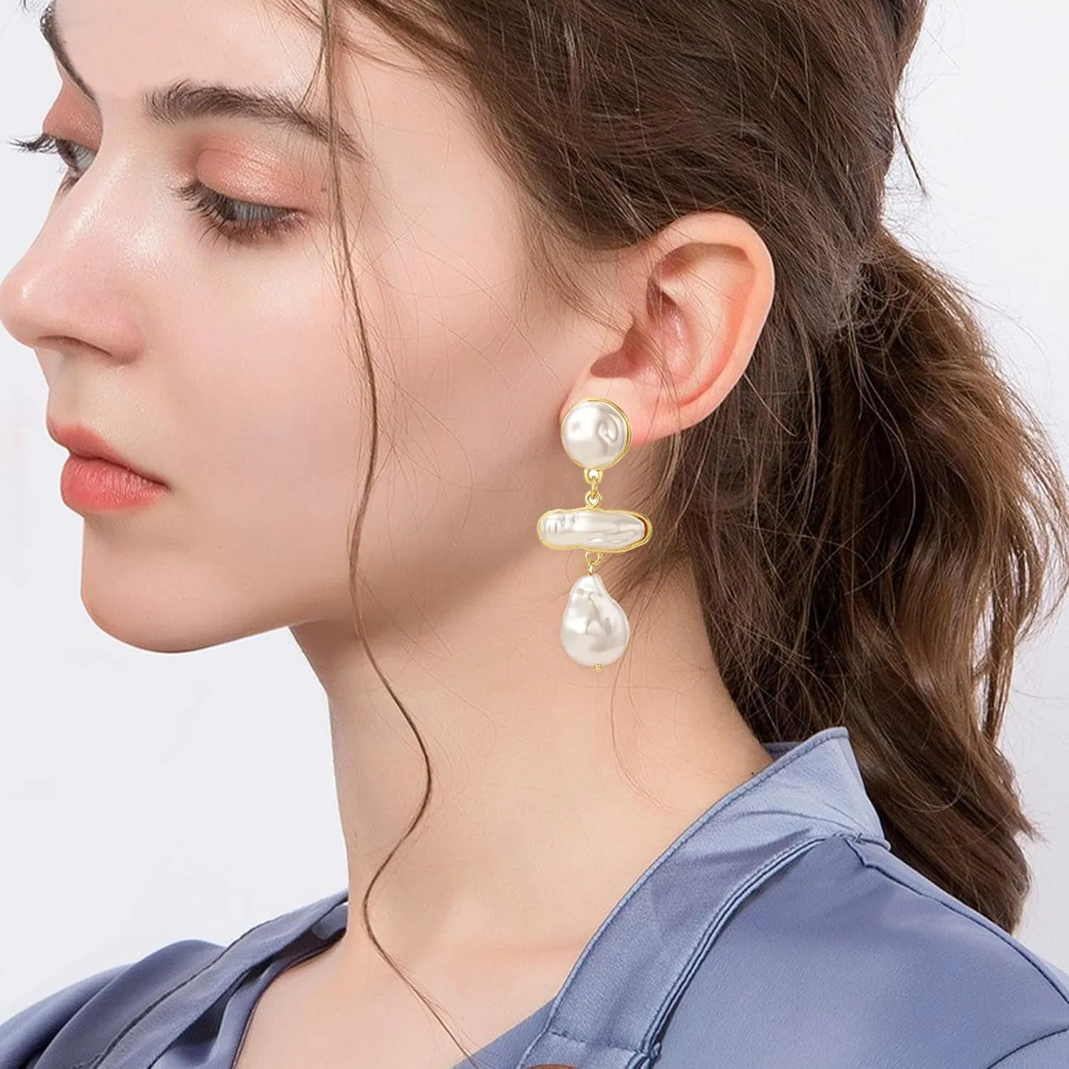 Long Tassel Gold Pearl Drop Earrings for Women Big Large Statement Baroque Pearl Women Drop Dangle Trendy Dangling Hanging Wedding Prom Bridal Earrings Jewelry