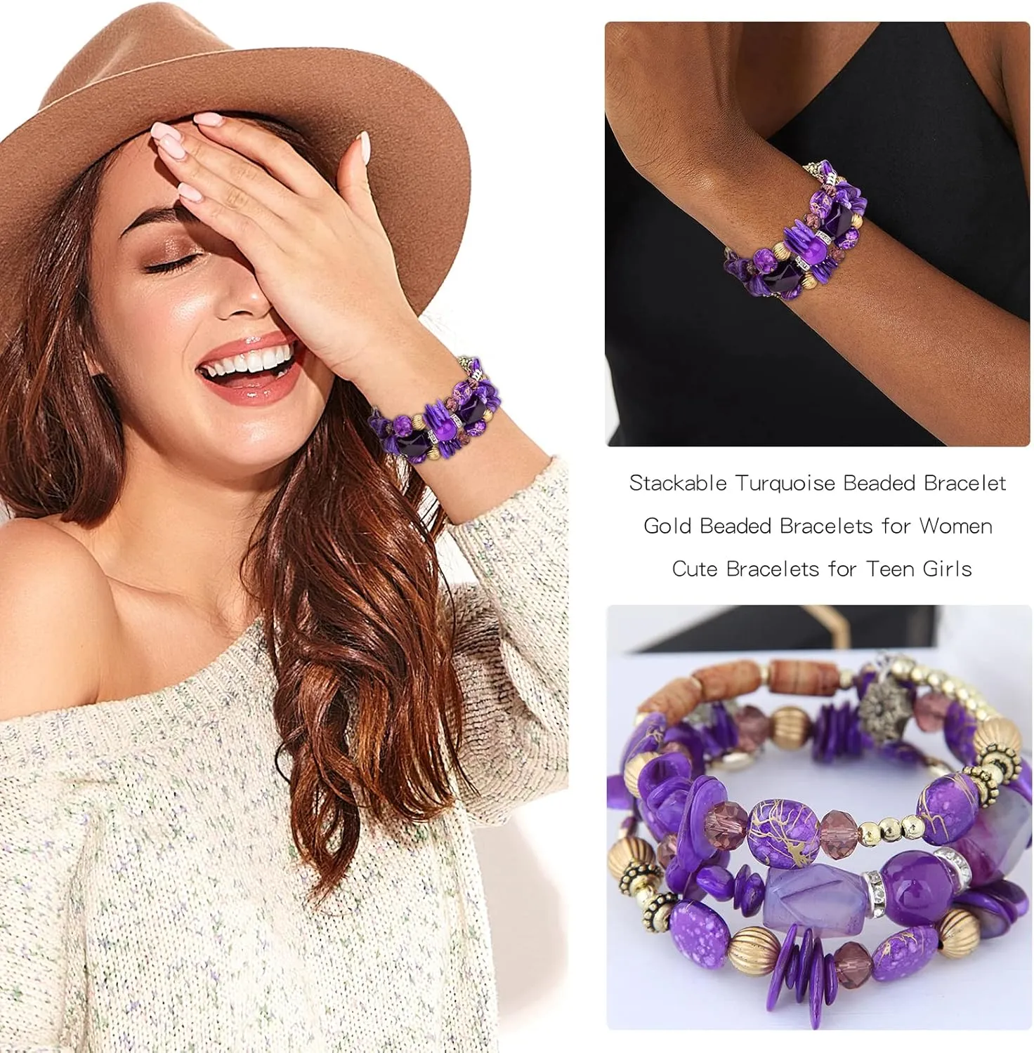 Long tiantian Boho Bracelets for Women Purple Crystal Layered Beaded Bracelets Bohemian Stretch Bracelet Stack Stone Charm Bracelets Boho Outfits for Women Gifts for Christmas Stocking Stuffers