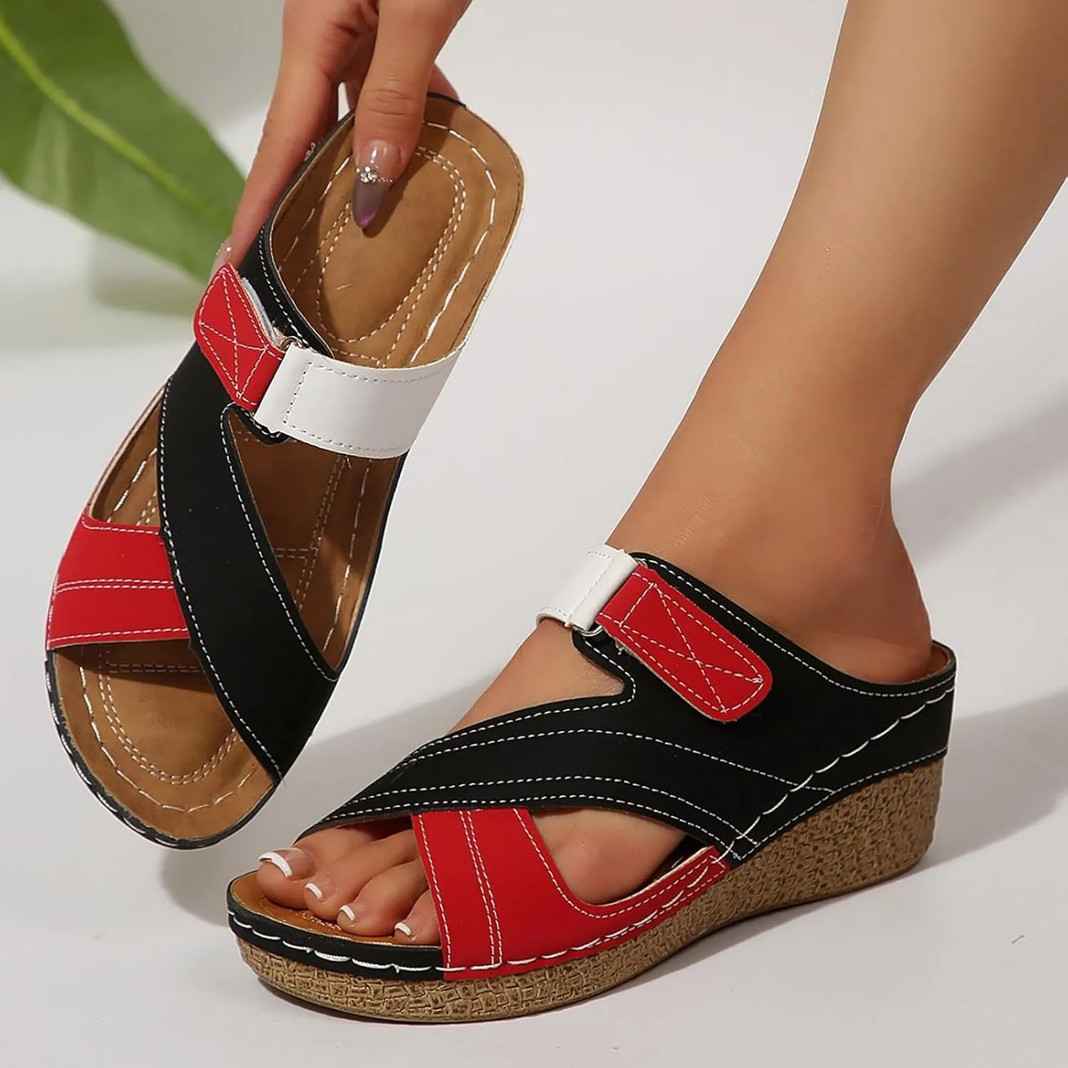 Low Wedge Sandals for Women Arch Support Slides Open Toe Cross Strap Sandal, Hollow Out Breathable Buckle Platform Sandals Comfortable Orthopedic Walking Slippers