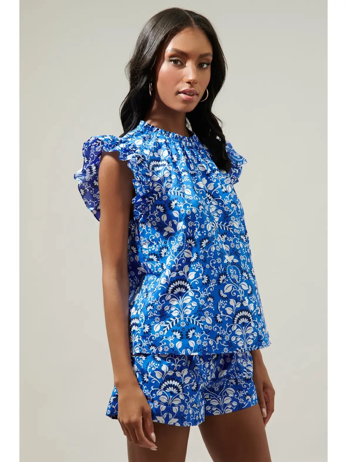 Lulu Floral Veda Cap Sleeve Top LTBLUE-WHITE