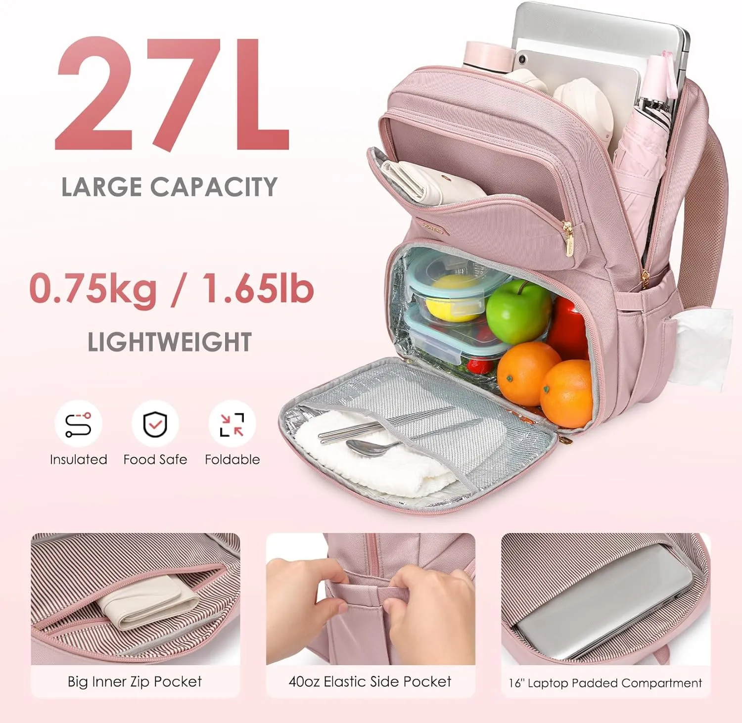 Lunch Backpack for Women Men 16 Inch Laptop Backpack with Leak Proof Lunch Compartment Picnic Big Traveling Bag Meal Prep bags for Daily Commuter Travel