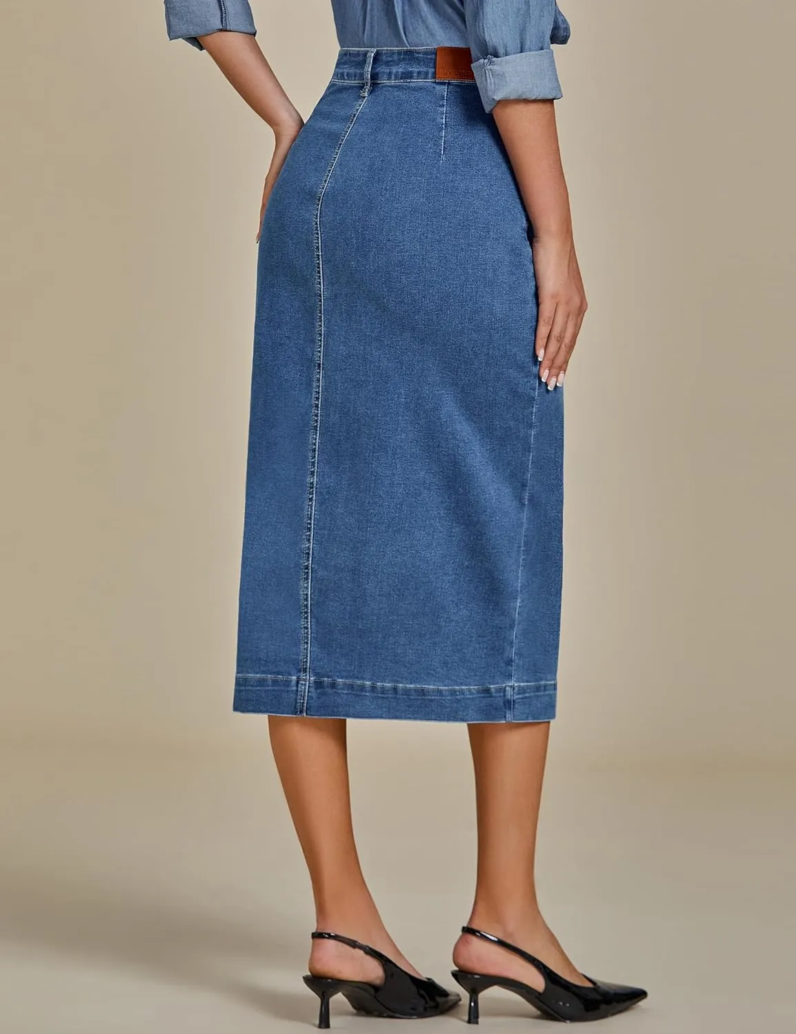 luvamia Jean Skirts for Women Denim Trendy Casual Stretchy High Waisted Midi Front Pockets Below Knee Skirt with Slit