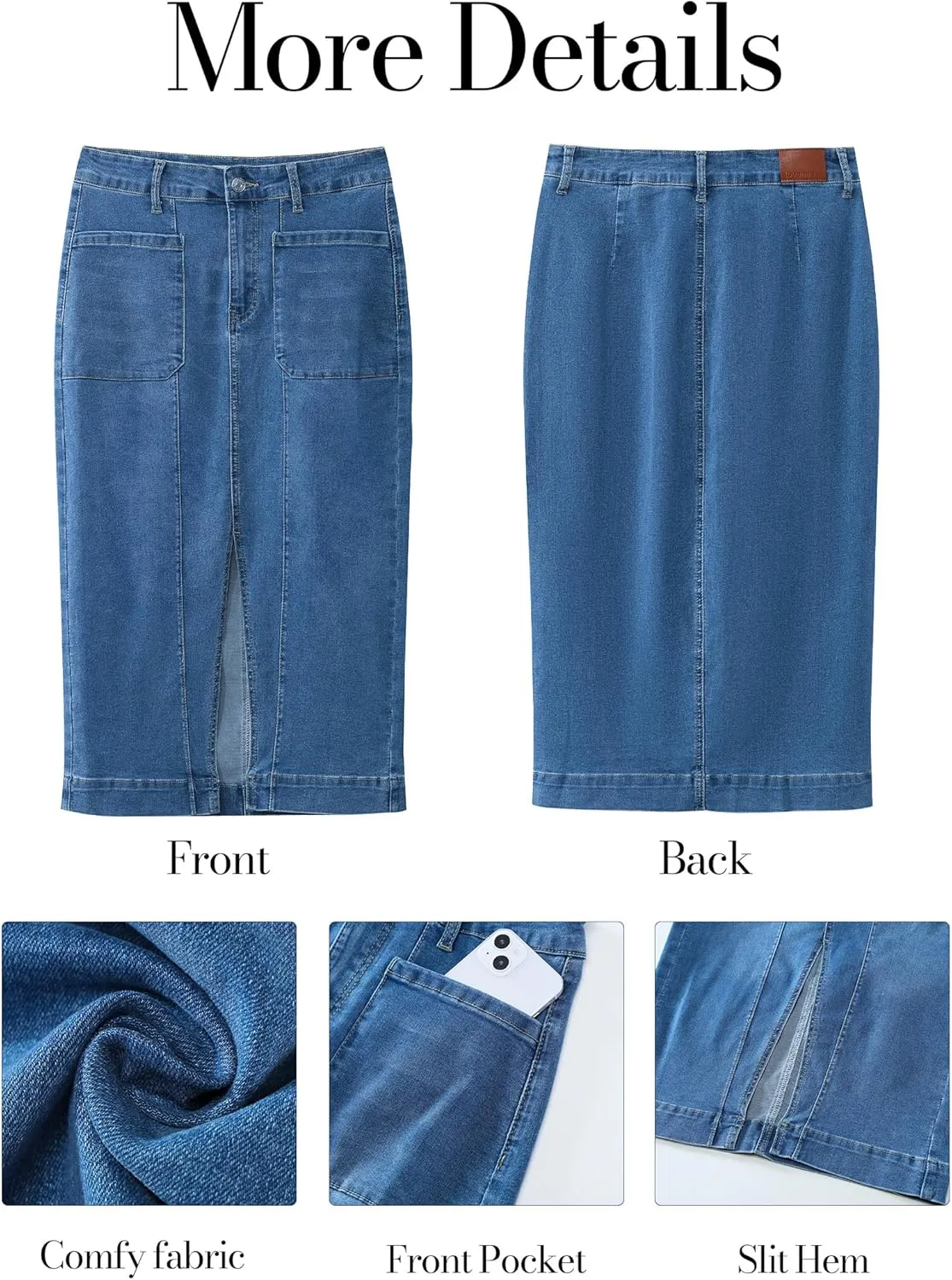 luvamia Jean Skirts for Women Denim Trendy Casual Stretchy High Waisted Midi Front Pockets Below Knee Skirt with Slit