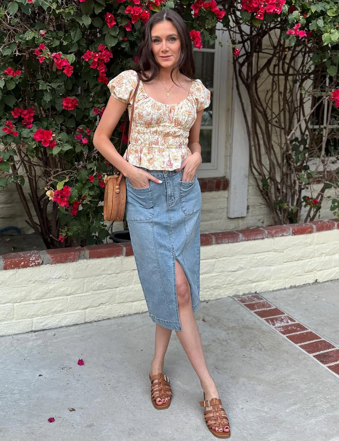 luvamia Jean Skirts for Women Denim Trendy Casual Stretchy High Waisted Midi Front Pockets Below Knee Skirt with Slit