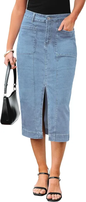 luvamia Jean Skirts for Women Denim Trendy Casual Stretchy High Waisted Midi Front Pockets Below Knee Skirt with Slit