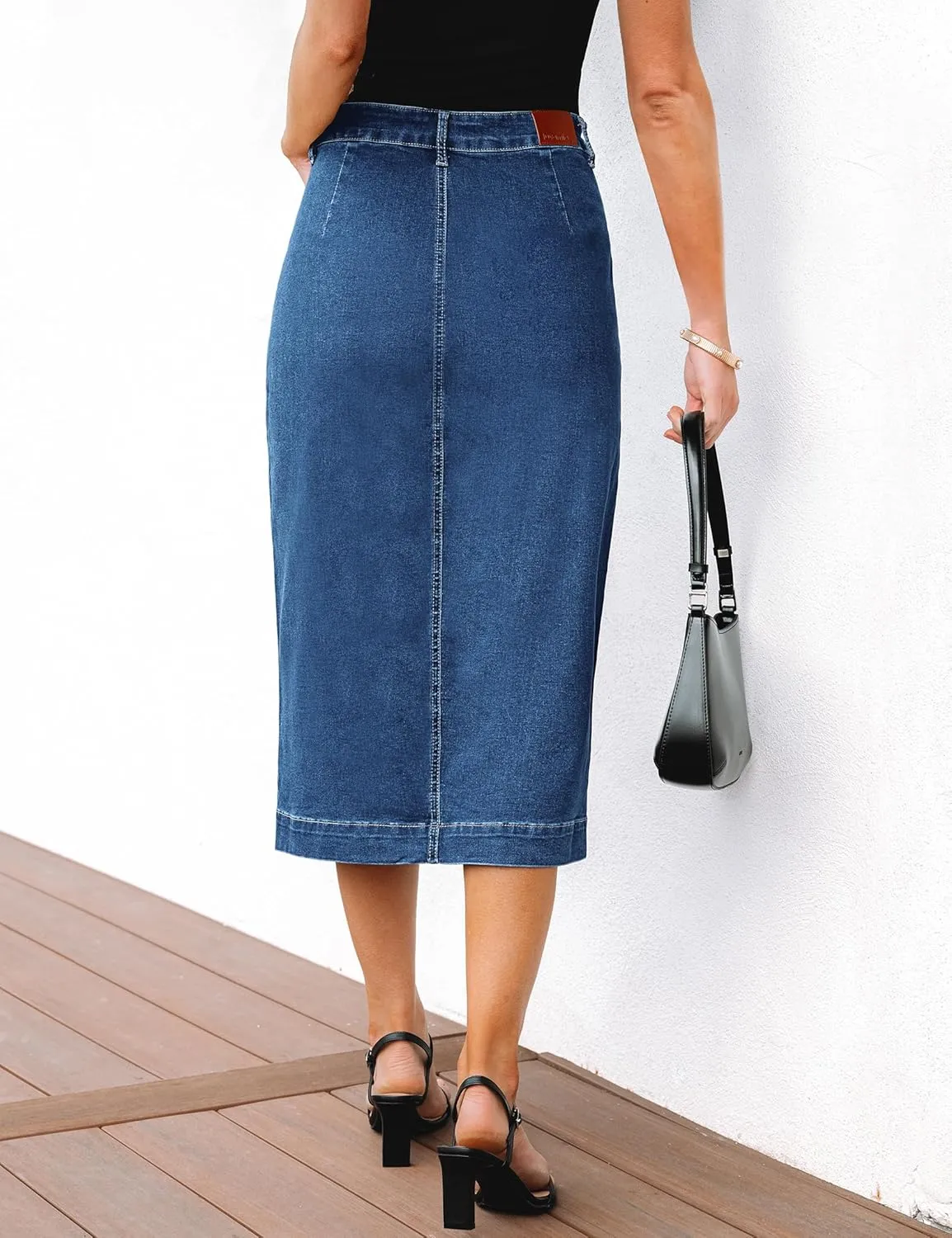 luvamia Jean Skirts for Women Denim Trendy Casual Stretchy High Waisted Midi Front Pockets Below Knee Skirt with Slit