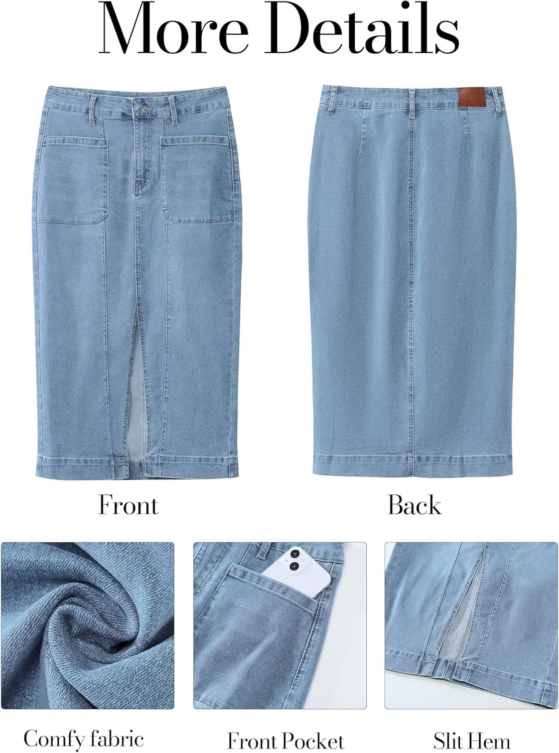 luvamia Jean Skirts for Women Denim Trendy Casual Stretchy High Waisted Midi Front Pockets Below Knee Skirt with Slit