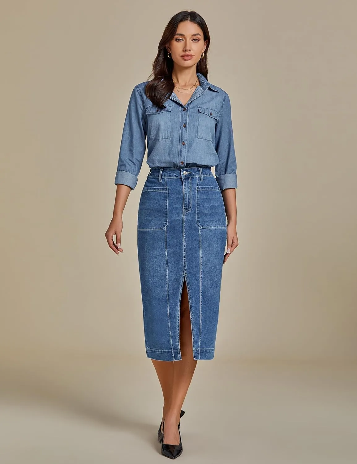 luvamia Jean Skirts for Women Denim Trendy Casual Stretchy High Waisted Midi Front Pockets Below Knee Skirt with Slit
