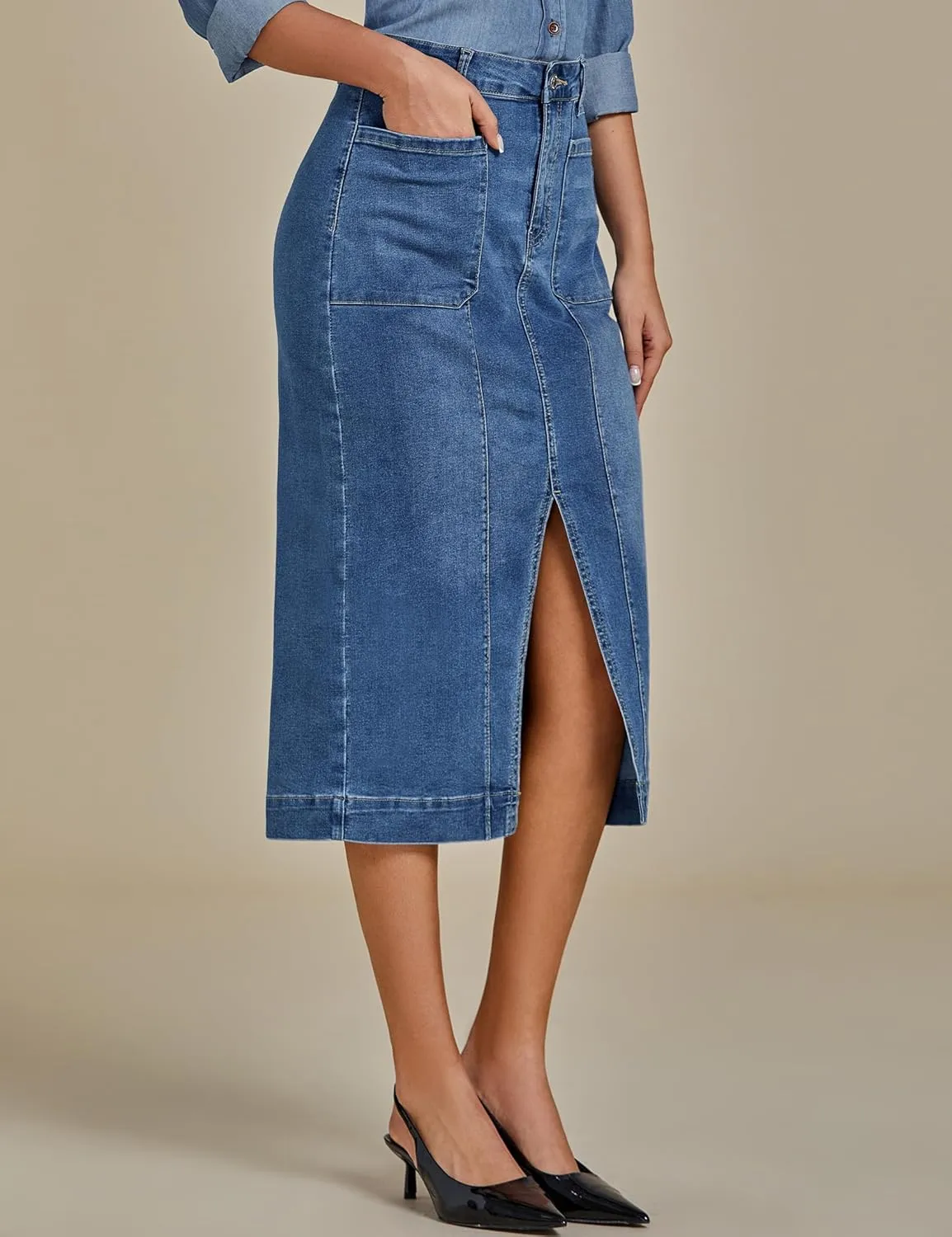 luvamia Jean Skirts for Women Denim Trendy Casual Stretchy High Waisted Midi Front Pockets Below Knee Skirt with Slit