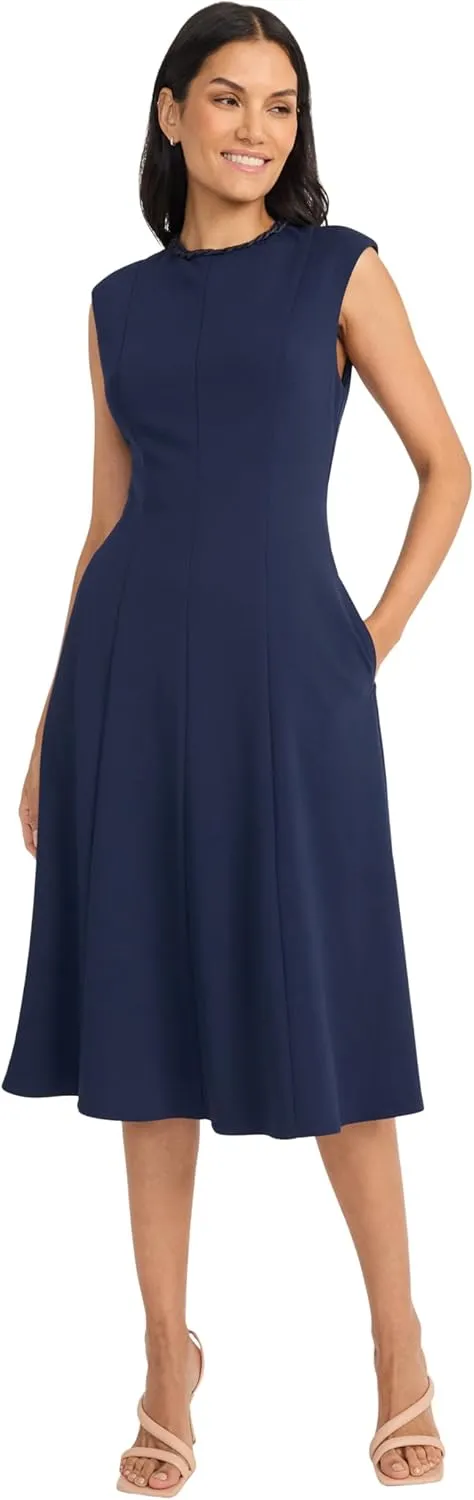 Maggy London Women's A-line Midi Pockets-Cap Sleeve High Neck-Wedding Guest Cocktail Dress