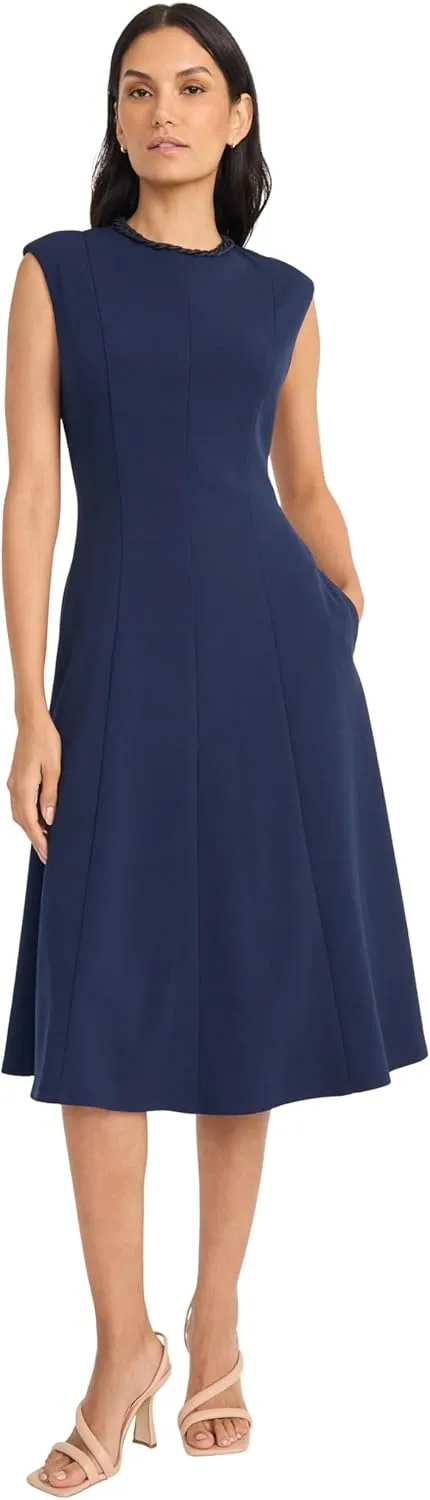 Maggy London Women's A-line Midi Pockets-Cap Sleeve High Neck-Wedding Guest Cocktail Dress