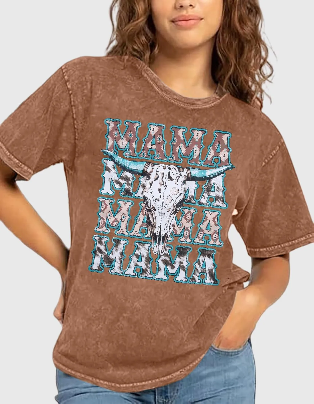 Mama Shirt Cheer Mom Shirt Graphic Tees for Women Acid Wash T-Shirt Vintage Letter Printed Tee Short Sleeve Casual Tops