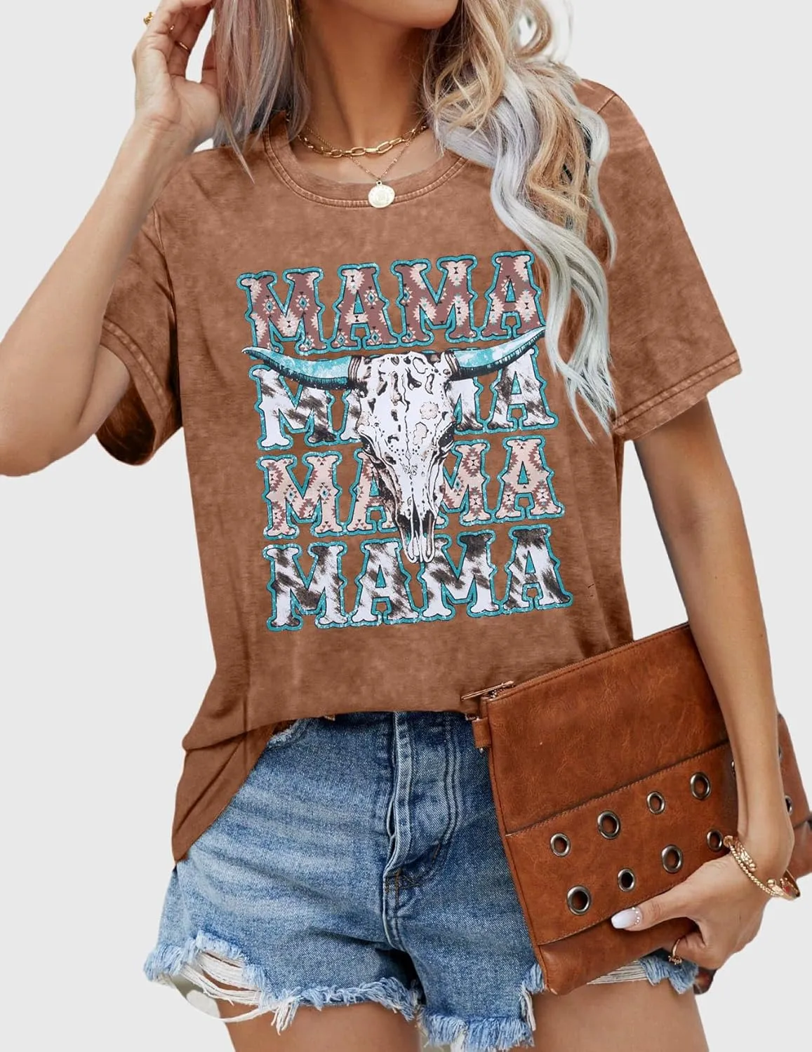 Mama Shirt Cheer Mom Shirt Graphic Tees for Women Acid Wash T-Shirt Vintage Letter Printed Tee Short Sleeve Casual Tops