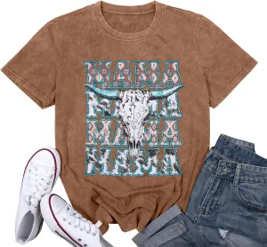 Mama Shirt Cheer Mom Shirt Graphic Tees for Women Acid Wash T-Shirt Vintage Letter Printed Tee Short Sleeve Casual Tops