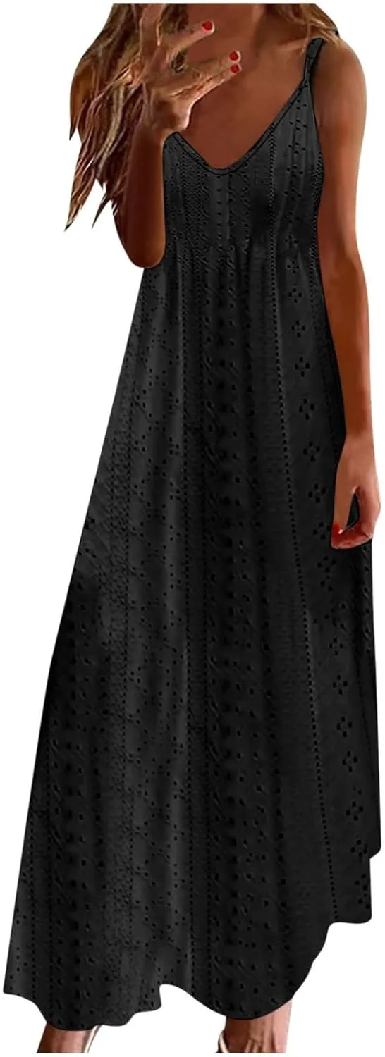 Maxi Long Dresses for Women 2025 Trendy Summer Casual V Neck Hollow Out Eyelet A Line Flowy Beach Vacation Dress