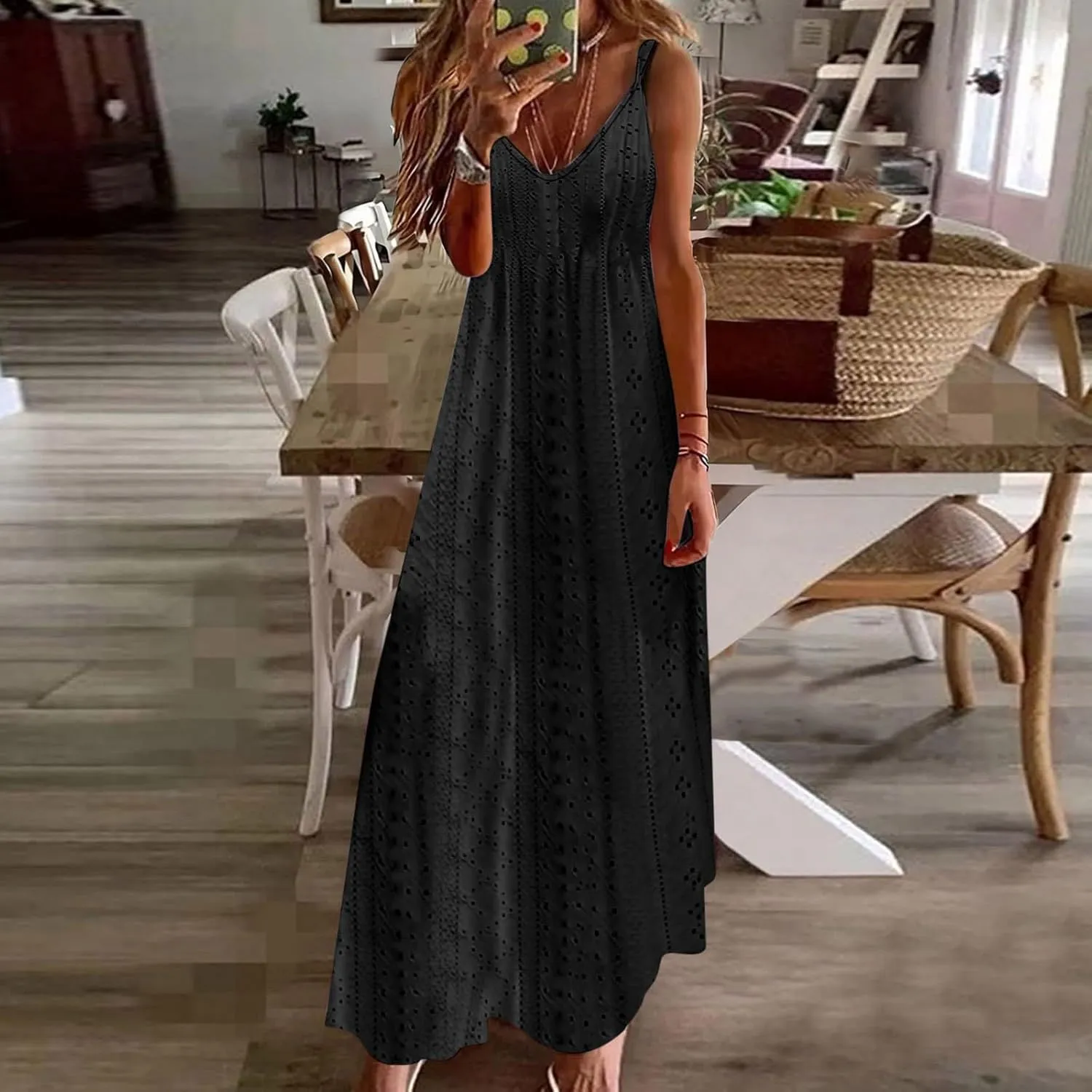 Maxi Long Dresses for Women 2025 Trendy Summer Casual V Neck Hollow Out Eyelet A Line Flowy Beach Vacation Dress
