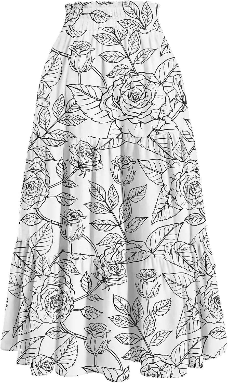 Maxi Skirt for Women 2025 Summer Floral Ankle Length Skirt High Waisted A Line Shirring Pleated Skirt