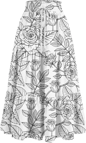 Maxi Skirt for Women 2025 Summer Floral Ankle Length Skirt High Waisted A Line Shirring Pleated Skirt
