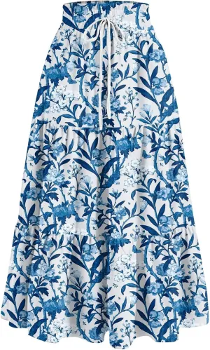 Maxi Skirt for Women 2025 Summer Floral Ankle Length Skirt High Waisted A Line Shirring Pleated Skirt